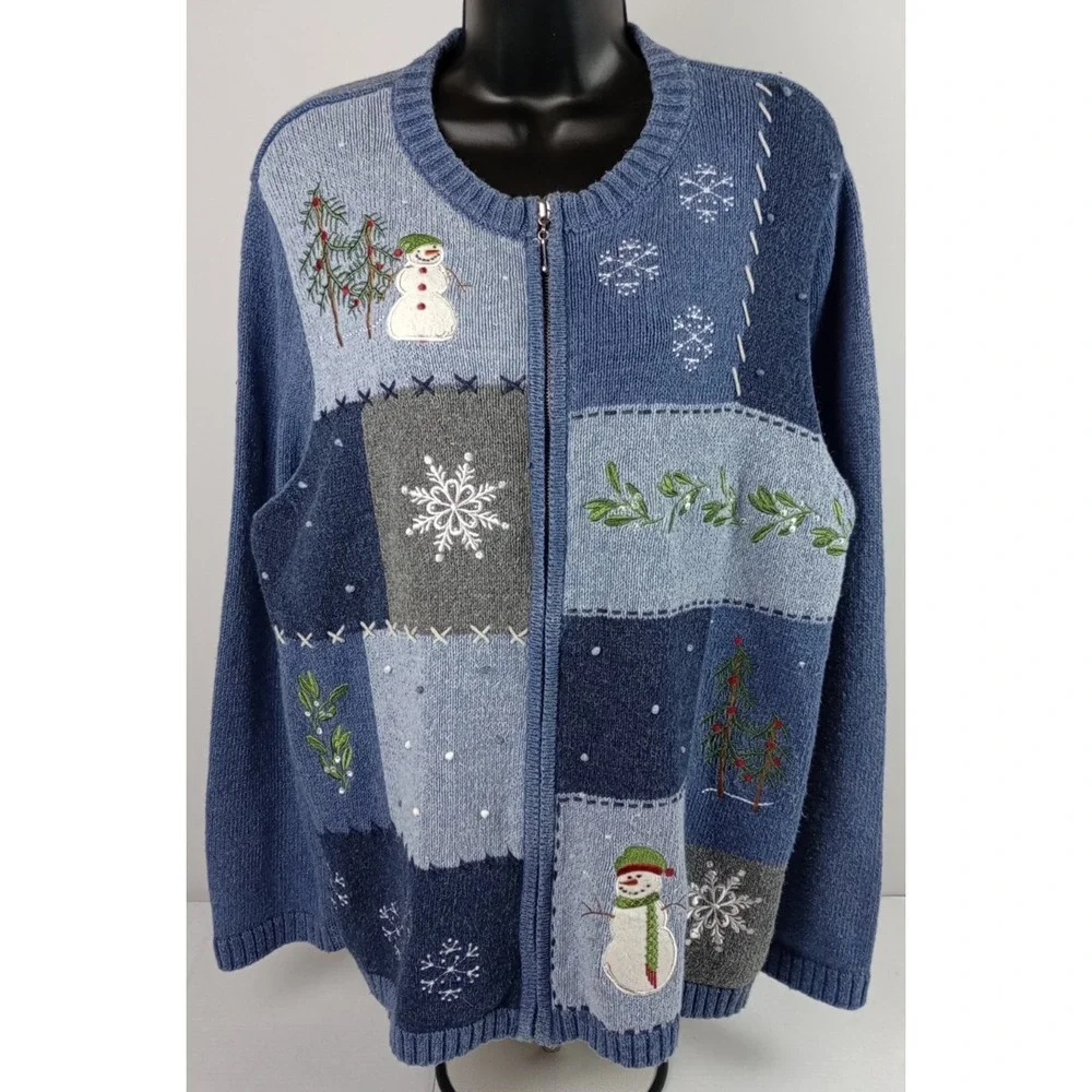 Croft & Barrow Women's XL Blue Winter Snowflake Snowman Zipper Cardigan Sweater